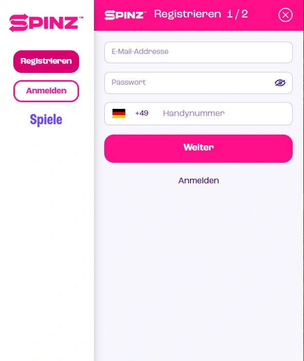 spinz signup page